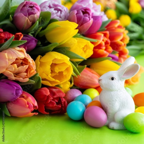Spring Flowers and a Bunny Next to Colorful Eggs on a Bright Table