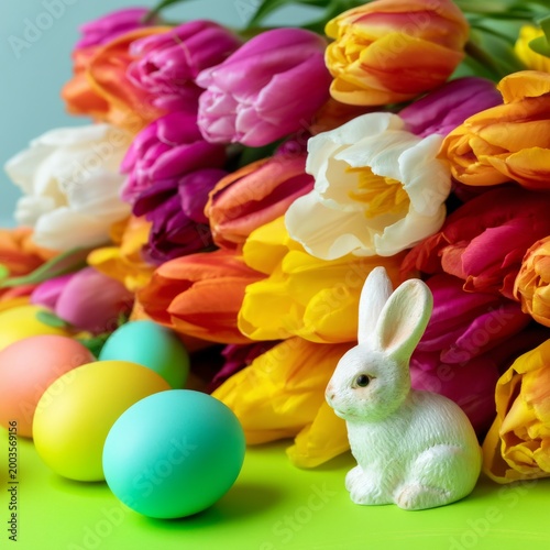 Spring Flowers and a Bunny Next to Colorful Eggs on a Bright Table