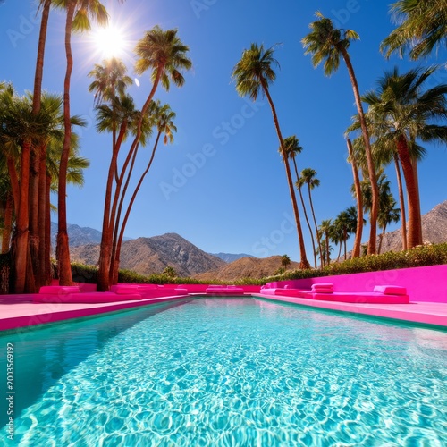 Bright Pool Surrounded by Palm Trees and Mountains in a Sunny Location With P...