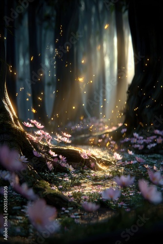 Fantasy wallpaper. A vivid portrayal of a mystical forest scene. The main subject is a dense canopy of tall trees, their trunks and branches illuminated by soft.
