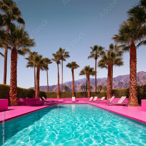 Bright Poolside Scene With Palm Trees and Mountains in the Background During ...