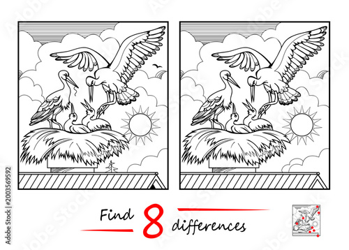 Find 8 differences. Hand drawn illustration of a family of happy storks with theirs chicks. Logic puzzle game for children and adults. Page for kids brain teaser book. Black and white vector drawing