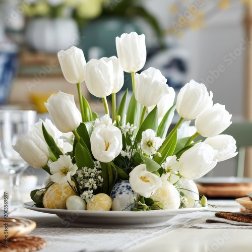 Flower Arrangement With White Tulips and Decorative Eggs on a Dining Table Du...