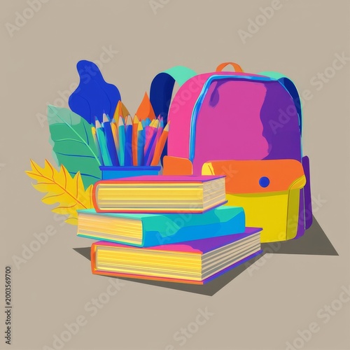 Colorful Backpack and Stationery Items With Books and Leaves on a Plain Backg...