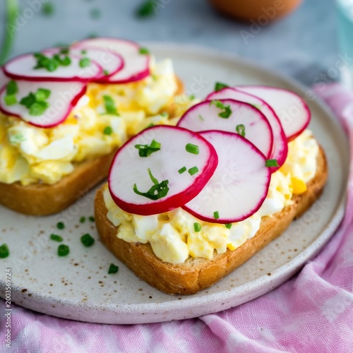 Delicious Breakfast Dish With Eggs and Radish Slices Served on Toast at a Kit...