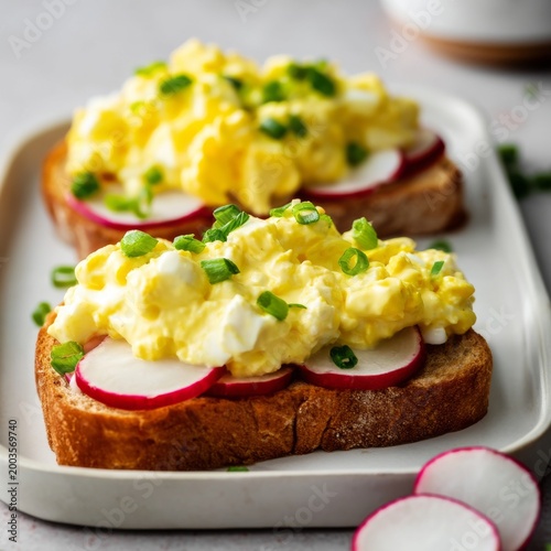 Scrambled Eggs on Toast With Radishes and Green Onions Served on a Black Plate