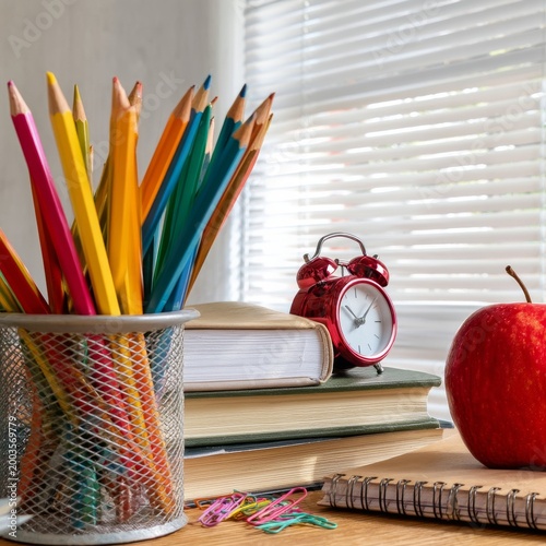 Colorful Pencils and School Supplies on a Desk With a Clock and an Apple in a...