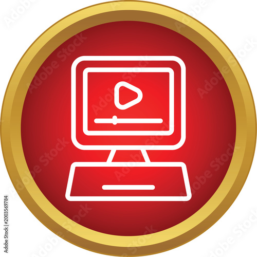 Computer monitor showing video playback controls on a red circular button