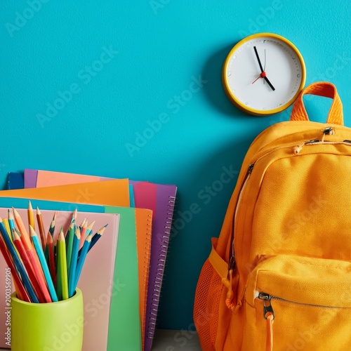 Bright Backpack and School Supplies on Table With Wall Clock and Blue Backgro...