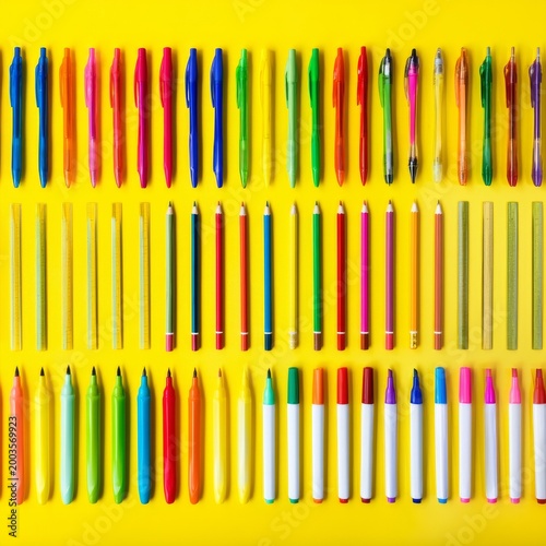 Colorful Pens and Markers Arranged Neatly on a Bright Yellow Background in a ...
