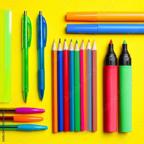 Bright Colored Pens and Markers Arranged on a Yellow Background for Creative ...