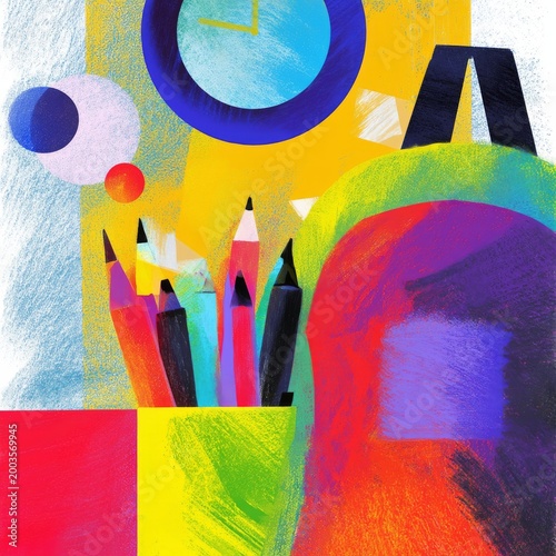 Bright Backpack and School Supplies on Table With Wall Clock and Blue Backgro...