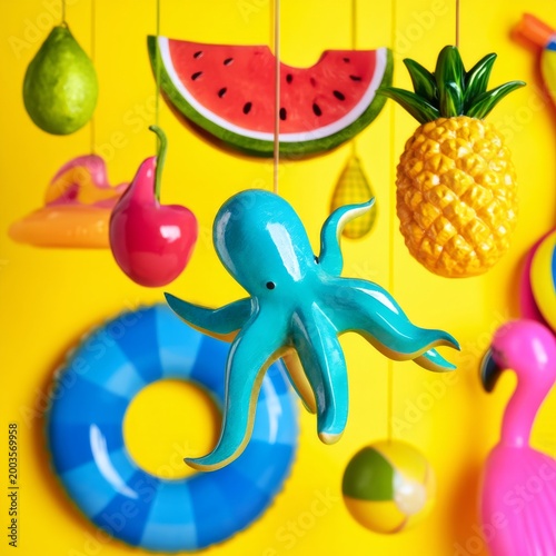 Colorful Summer Decorations Hang Against a Bright Yellow Background for a Joy...