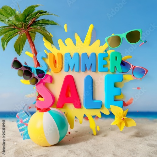 Bright Summer Sale Banner With Beach Items and Tropical Theme in a Vibrant Se...