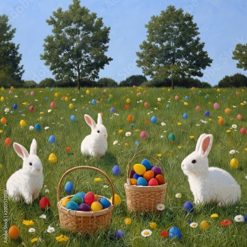Bunnies Gather Colorful Eggs in a Grassy Field During Springtime Festivities