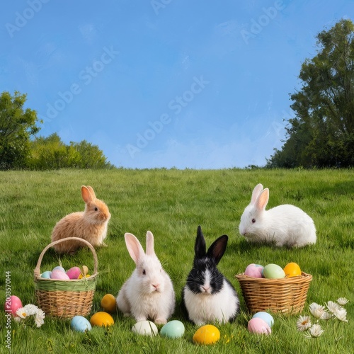 Bunnies Gather Colorful Eggs in a Grassy Field During Springtime Festivities