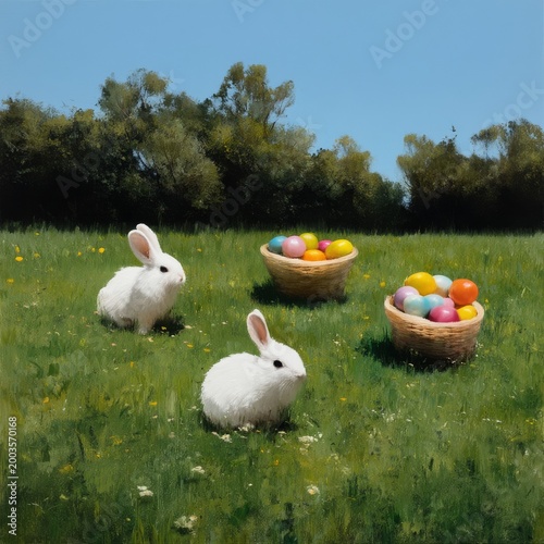 Two Rabbits Play on Green Grass Near Baskets Filled With Colorful Eggs in a S...
