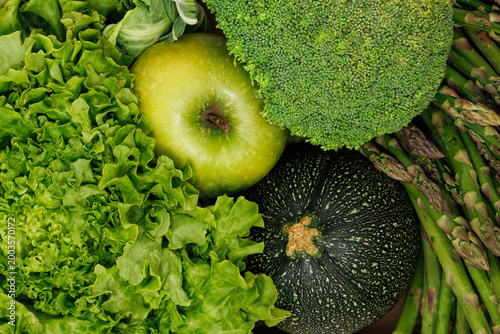 Full Frame Top View of Green Vegetables and Apple Texture Background