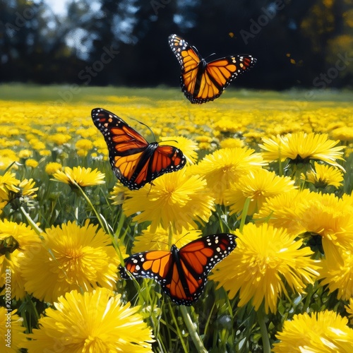 Monarch Butterflies Flying Over Vibrant Yellow Flowers in a Garden During Sun...