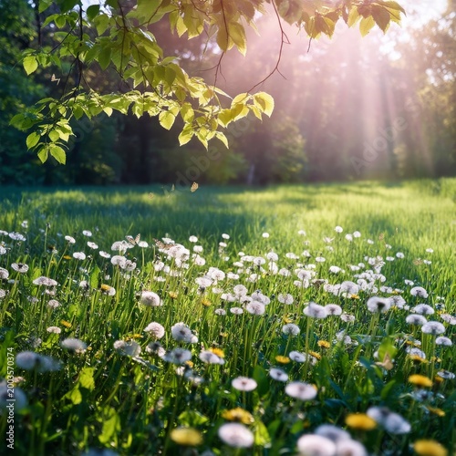 Morning Sunlight Filters Through Leaves Onto a Field of Flowers in Springtime