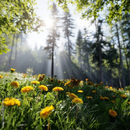 Morning Sunlight Filters Through Leaves Onto a Field of Flowers in Springtime