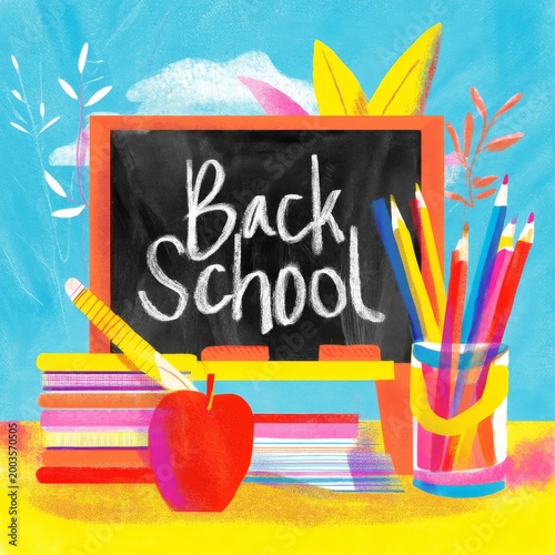 Back to School Supplies on a Desk With Colorful Decorations and a Chalkboard