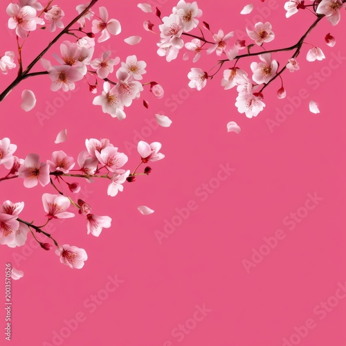 Cherry Blossoms Fall From Branches Against a Bright Pink Background in Spring...