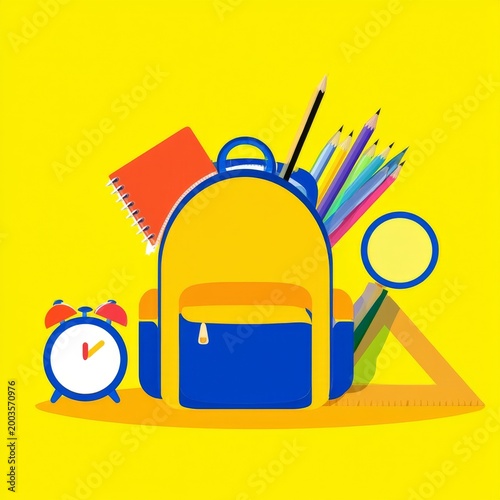 Colorful School Backpack Filled With Supplies and Clock on Bright Background