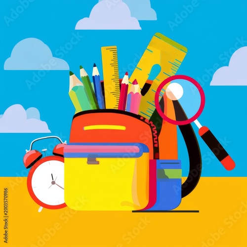 Colorful Backpack With School Supplies on a Sunny Day