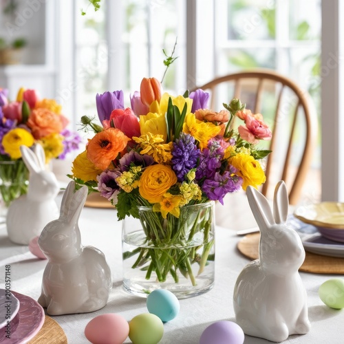 Colorful Flower Arrangement With Rabbit Decorations and Eggs on a Dining Table