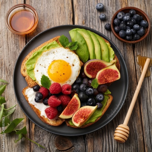 Creative Avocado Toast With Egg, Fruit, and Honey on a Wooden Table