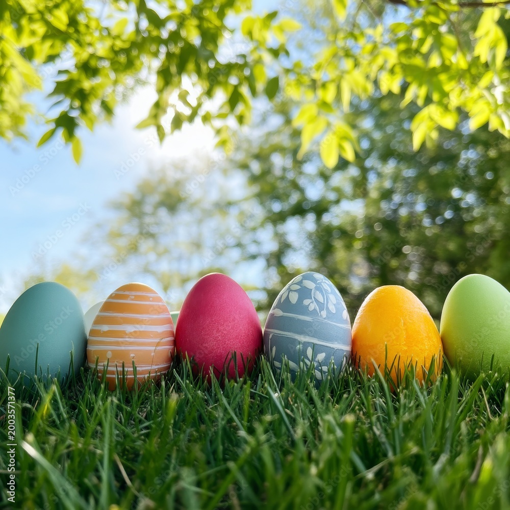 Fototapeta premium Colorful Eggs Arranged in a Line on Green Grass Under a Clear Sky in the Afternoon