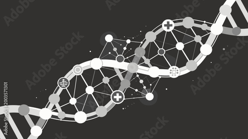 A minimalist graphic depicting a DNA double helix and interconnected nodes.  Ideal for illustrating scientific concepts, biotechnology, or network con