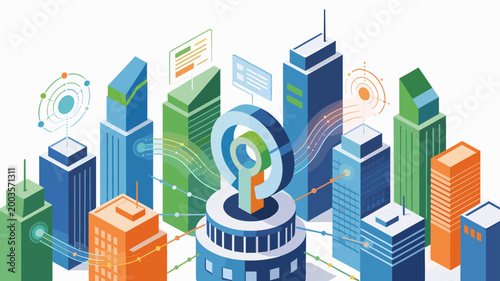 A vibrant isometric illustration of a connected cityscape, perfect for representing modern infrastructure, data flow, or the future of urban living. I