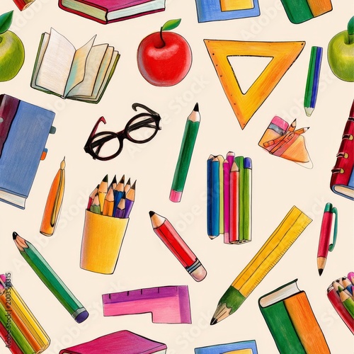 School Supplies and Fruits Laid out on a Simple Background for Creative Activ...