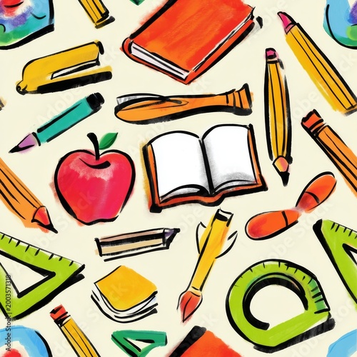 Supplies on a Desk for School Tasks With Bright Colors and Various Items Scat...