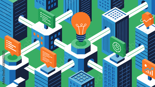 This vibrant isometric illustration represents a connected world, perfect for concepts like digital communication, data exchange, or networking. Its c