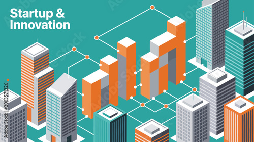 This vibrant illustration depicts a modern city with a connected network overlay. Ideal for illustrating concepts of growth, infrastructure, or digita
