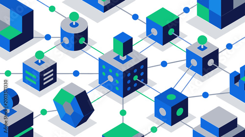 This vibrant illustration depicts a connected network of cubes, symbolizing data flow and communication. Ideal for technology articles, website backgr