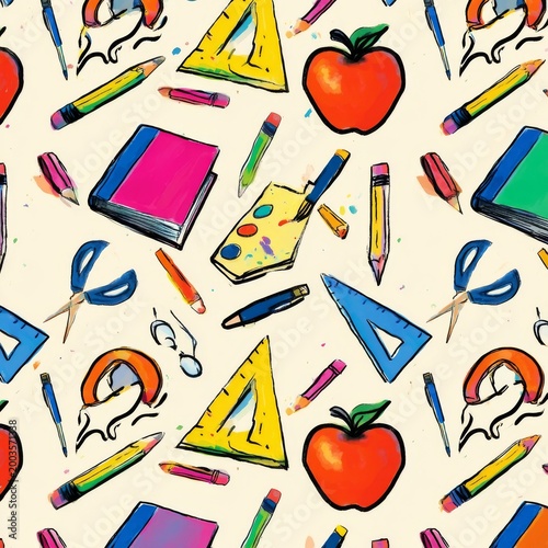 Supplies on a Desk for School Tasks With Bright Colors and Various Items Scat...