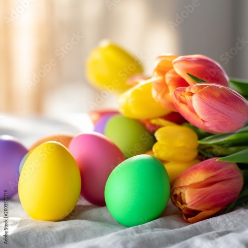 Colorful Flowers and Painted Eggs on a Table During Springtime Celebration