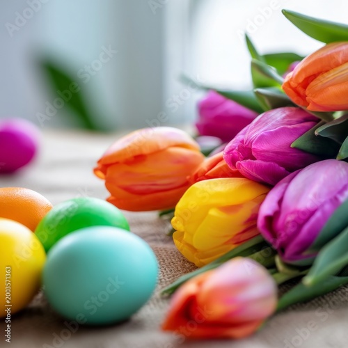 Colorful Eggs and Tulips on a Wooden Table During Spring Season