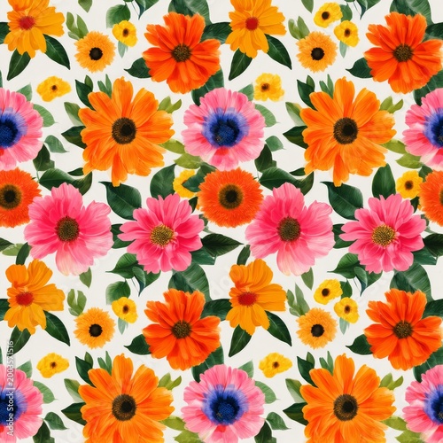 Colorful Floral Pattern With Various Flowers and Leaves on a Light Background