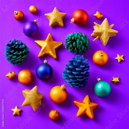 Colorful Decorations on Purple Background for Winter Holiday Season Activities