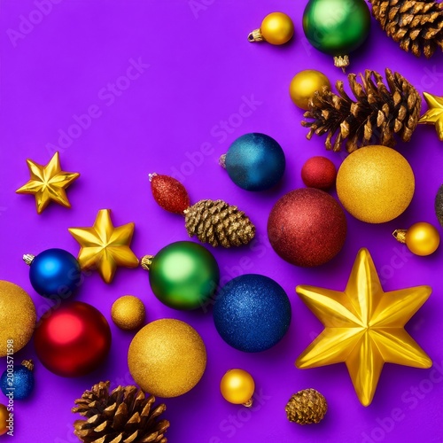 Colorful Decoration Items on Purple Background for Holiday Celebration in Win...