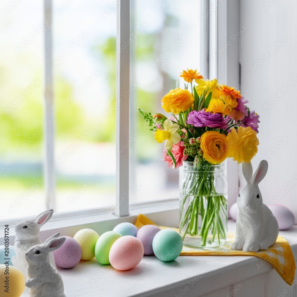 Fototapeta premium Spring Decorations With Flowers, Bunnies, and Colorful Eggs on a Window Sill During Daylight Hours