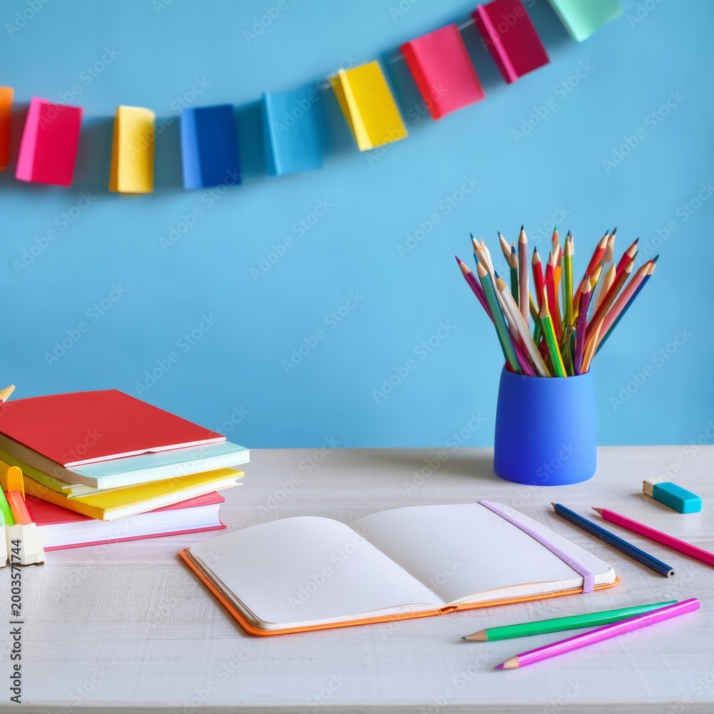 Fototapeta premium Bright Workspace With Sketchbook and Colored Pencils in a Creative Setting