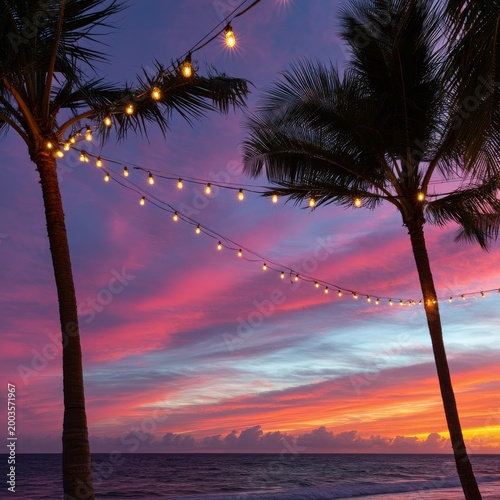 Colorful Sunset With Hanging Lights and Palm Trees Near the Ocean