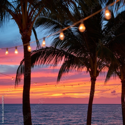Colorful Sunset With Hanging Lights and Palm Trees Near the Ocean