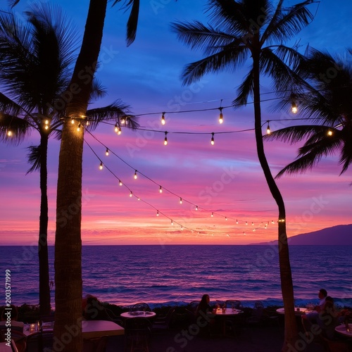 Dusk by the Ocean With Palm Trees and String Lights in the Sky